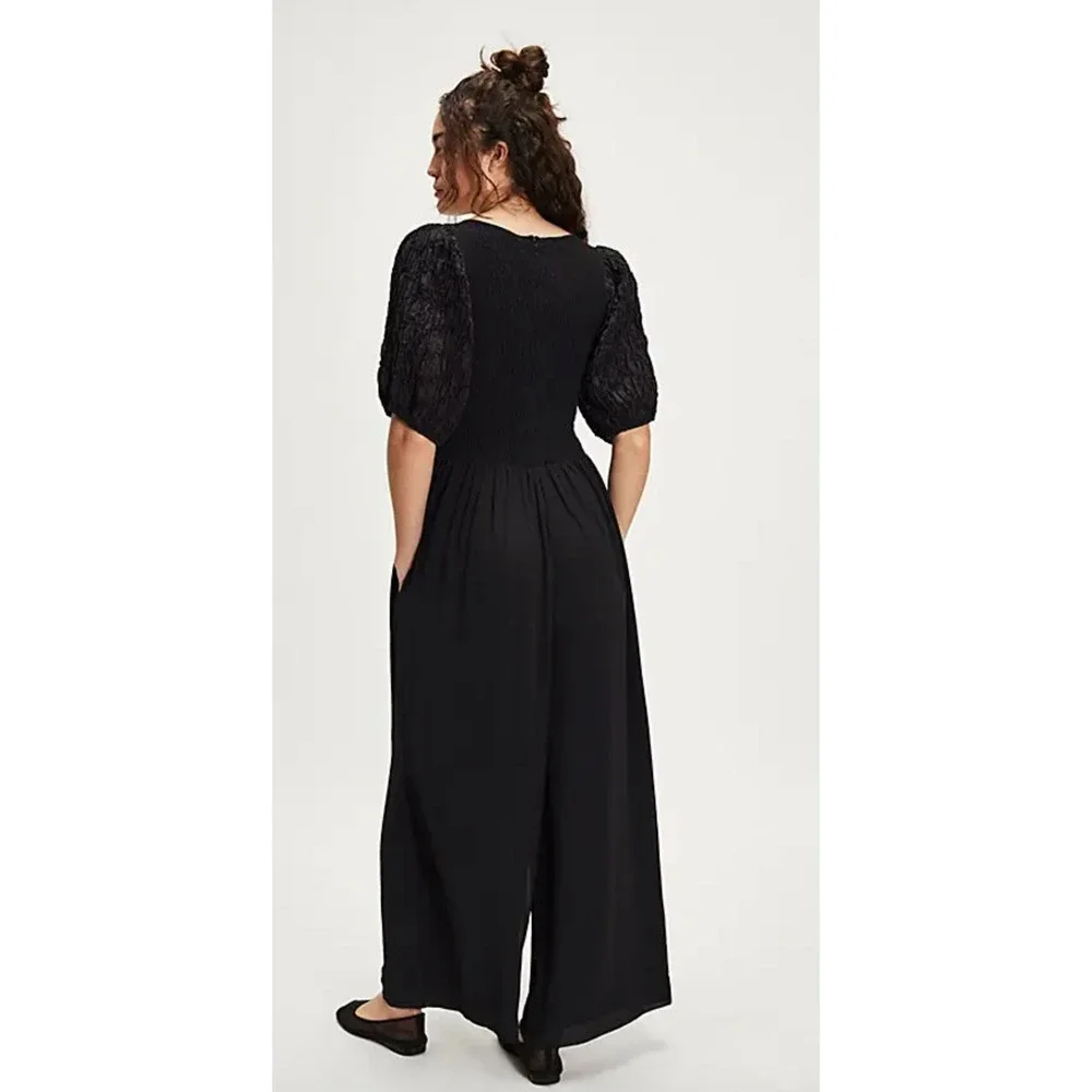 FREE PEOPLE BLACK TEMPERLEY RUCHED ONE PIECE JUMPSUIT SZ L